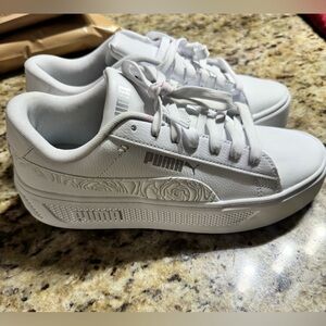 Puma White Platform Sneakers with Embossed Floral Detail